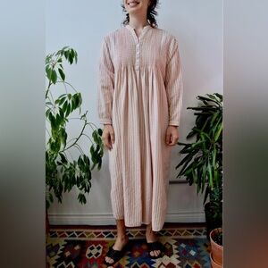 LL Bean Vintage Nightgown Pajamas Long Sleeve Cotton Flannel Pleated Dobby Small